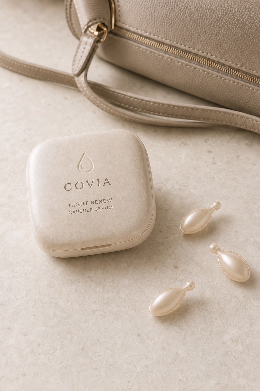 가방과 함께 놓인 샴페인 베이지 COVIA 나이트 리뉴 케이스와 한쪽 절취형 샴페인 골드 캡슐